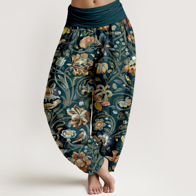 Pantalones Buddha Stones con estampado retro de flores, vides y pájaros para mujer, con cintura elástica - Marina de guerra - US16，UK/AU20，EU48 (3XL) - image 0