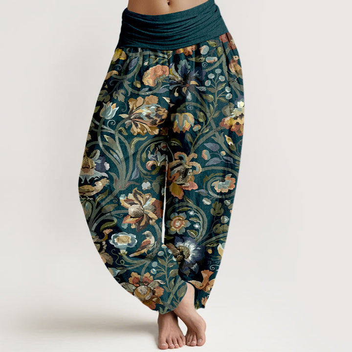 Pantalones Buddha Stones con estampado retro de flores, vides y pájaros para mujer, con cintura elástica - Marina de guerra - US16，UK/AU20，EU48 (3XL) - image 0