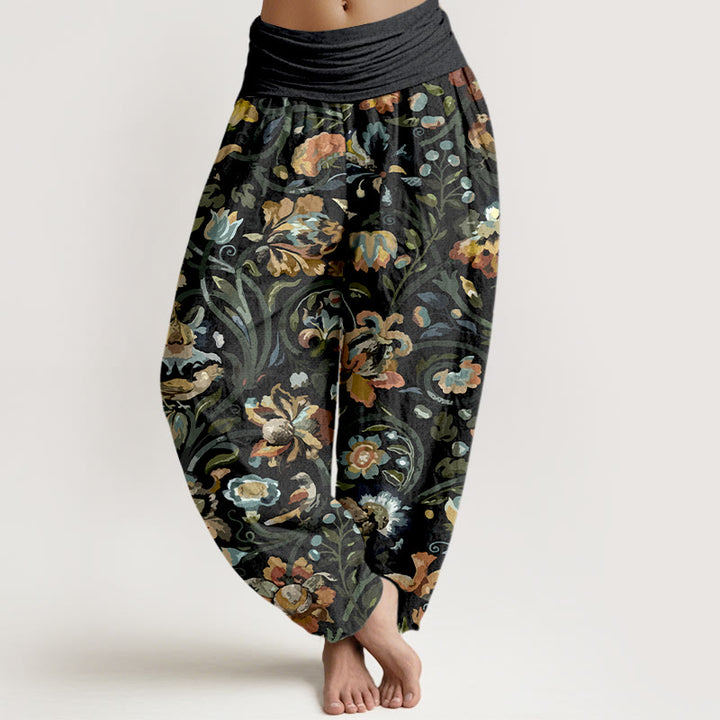 Pantalones Buddha Stones con estampado retro de flores, vides y pájaros para mujer, con cintura elástica - Negro - US16，UK/AU20，EU48 (3XL) - image 8