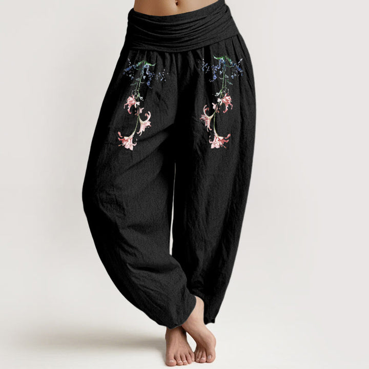 Pantalones Buddha Stones de algodón puro con estampado floral pastel sencillo para mujer, cintura elástica - Negro - US16，UK/AU20，EU48 (3XL) - image 0