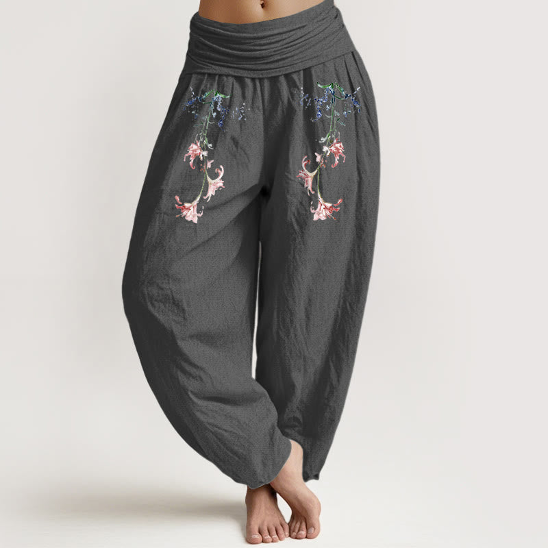 Pantalones Buddha Stones de algodón puro con estampado floral pastel sencillo para mujer, cintura elástica - Gris oscuro - US16，UK/AU20，EU48 (3XL) - image 8