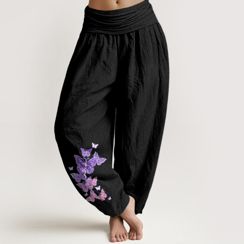 Pantalones Buddha Stones de algodón puro con estampado de mariposas pastel y cintura elástica para mujer - Negro - US16，UK/AU20，EU48 (3XL) - image 5