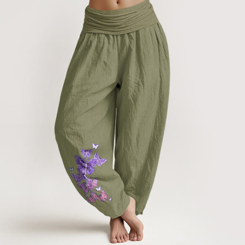 Pantalones Buddha Stones de algodón puro con estampado de mariposas pastel y cintura elástica para mujer - Verde oliva - US16，UK/AU20，EU48 (3XL) - image 14