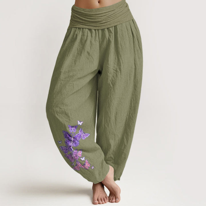 Pantalones Buddha Stones de algodón puro con estampado de mariposas pastel y cintura elástica para mujer - Verde oliva - US16，UK/AU20，EU48 (3XL) - image 14