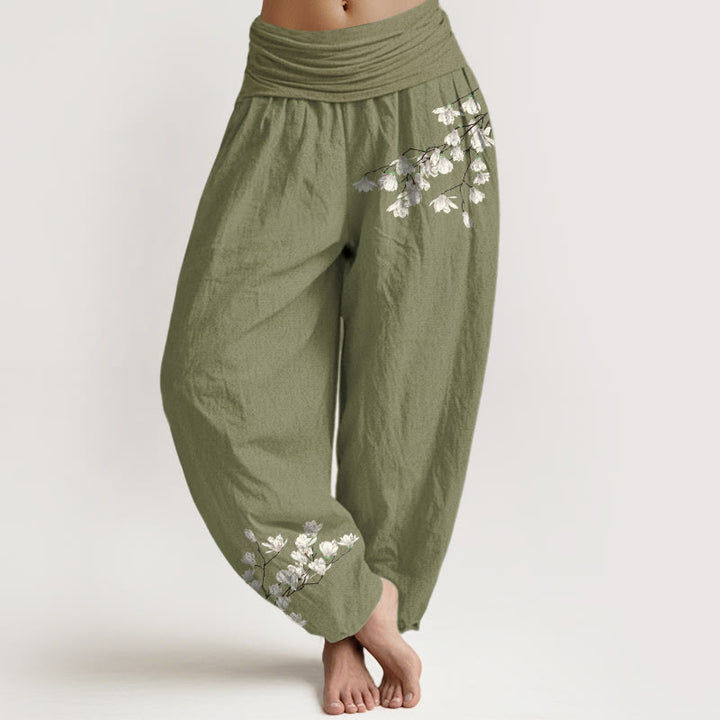 Pantalones Buddha Stones de algodón puro con estampado de flores de magnolia para mujer, cintura elástica - Verde oliva - US16，UK/AU20，EU48 (3XL) - image 14