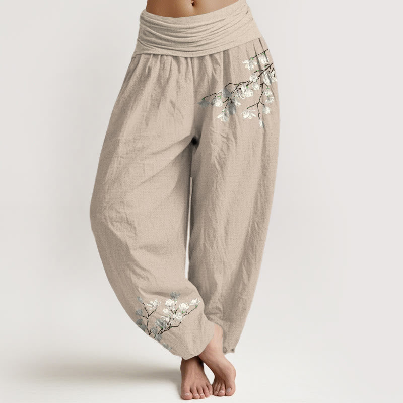 Pantalones Buddha Stones de algodón puro con estampado de flores de magnolia para mujer, cintura elástica - Broncearse - US16，UK/AU20，EU48 (3XL) - image 11