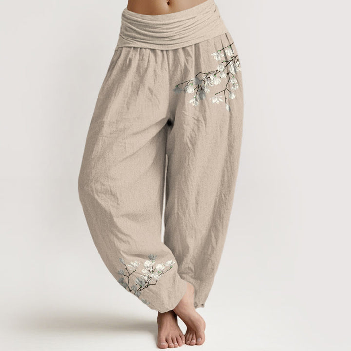 Pantalones Buddha Stones de algodón puro con estampado de flores de magnolia para mujer, cintura elástica - Broncearse - US16，UK/AU20，EU48 (3XL) - image 11