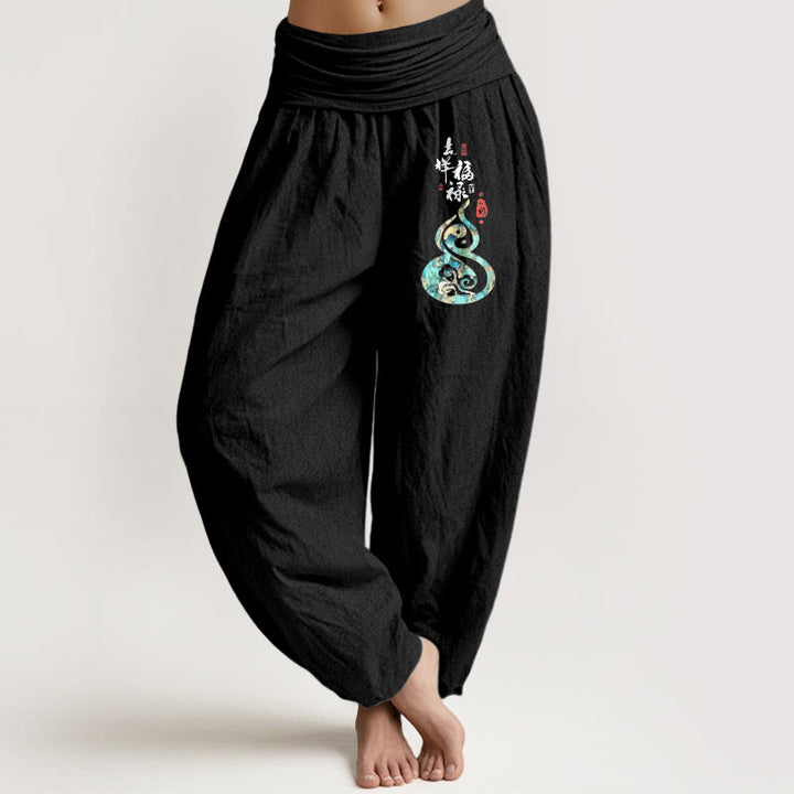 Pantalones Buddha Stones de algodón puro con estampado de calabaza y caracteres chinos para mujer, cintura elástica - Negro - US16，UK/AU20，EU48 (3XL) - image 0