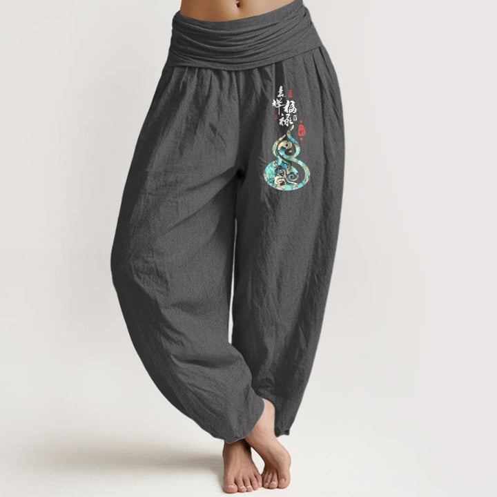 Pantalones Buddha Stones de algodón puro con estampado de calabaza y caracteres chinos para mujer, cintura elástica - Gris oscuro - US16，UK/AU20，EU48 (3XL) - image 8