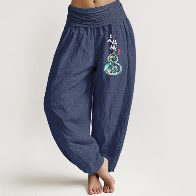 Pantalones Buddha Stones de algodón puro con estampado de calabaza y caracteres chinos para mujer, cintura elástica - Azul pizarra oscuro - US16，UK/AU20，EU48 (3XL) - image 5
