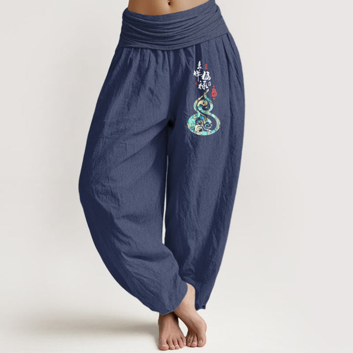 Pantalones Buddha Stones de algodón puro con estampado de calabaza y caracteres chinos para mujer, cintura elástica - Azul pizarra oscuro - US16，UK/AU20，EU48 (3XL) - image 5