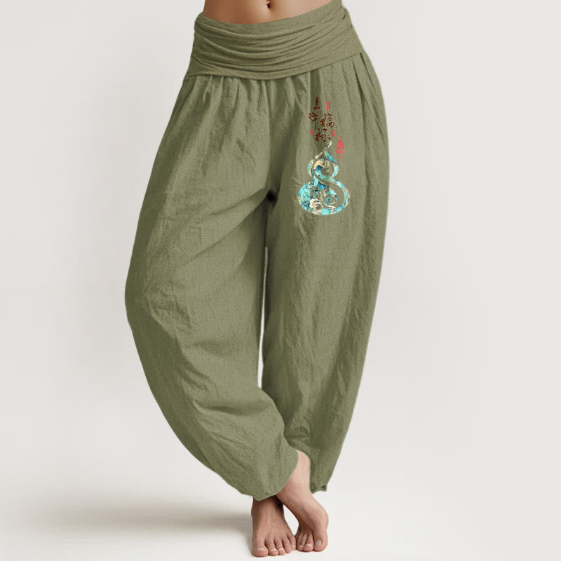 Pantalones Buddha Stones de algodón puro con estampado de calabaza y caracteres chinos para mujer, cintura elástica - Verde oliva - US16，UK/AU20，EU48 (3XL) - image 14