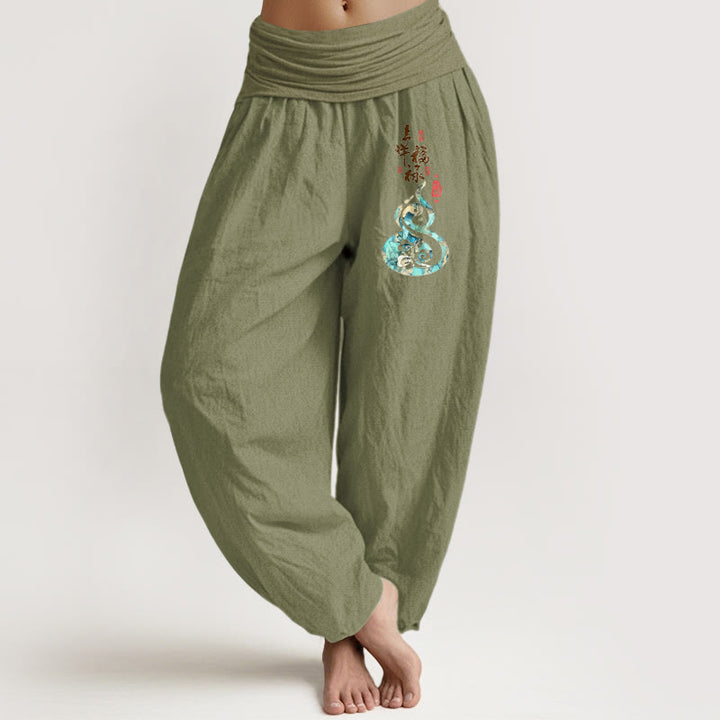 Pantalones Buddha Stones de algodón puro con estampado de calabaza y caracteres chinos para mujer, cintura elástica - Verde oliva - US16，UK/AU20，EU48 (3XL) - image 14