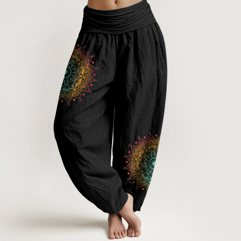 Pantalones Buddha Stones de algodón puro con estampado de mandala, estilo sencillo, para mujer, con cintura elástica - Negro - US16，UK/AU20，EU48 (3XL) - image 0