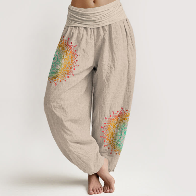 Pantalones Buddha Stones de algodón puro con estampado de mandala, estilo sencillo, para mujer, con cintura elástica - Broncearse - US16，UK/AU20，EU48 (3XL) - image 11