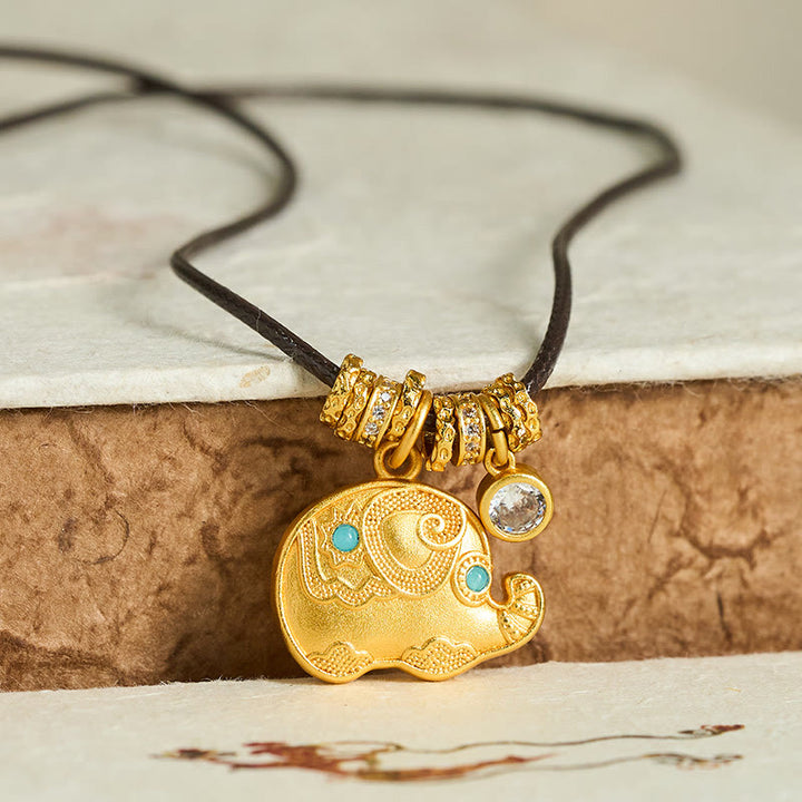 Collar con colgante de cuerda de fuerza de latón chapado en oro de 24 quilates con símbolo de elefante y Buddha Stones - image 1