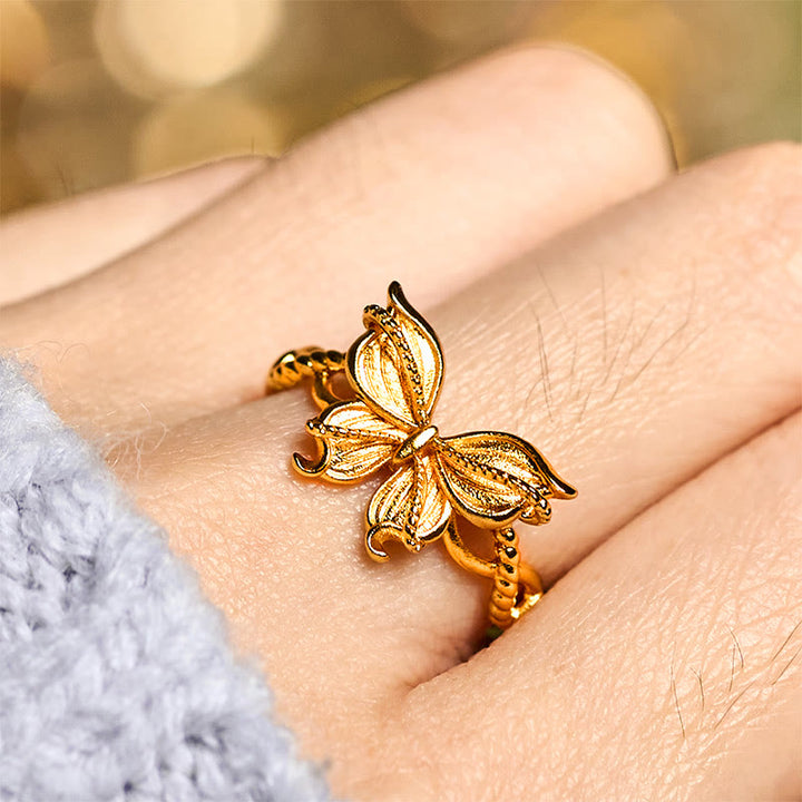 Anillo de amor ajustable con símbolo de mariposa de latón chapado en oro de 24 k y Buddha Stones - image 7