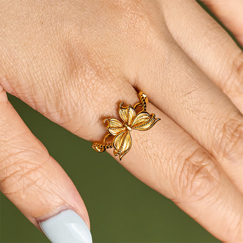 Anillo de amor ajustable con símbolo de mariposa de latón chapado en oro de 24 k y Buddha Stones - image 10
