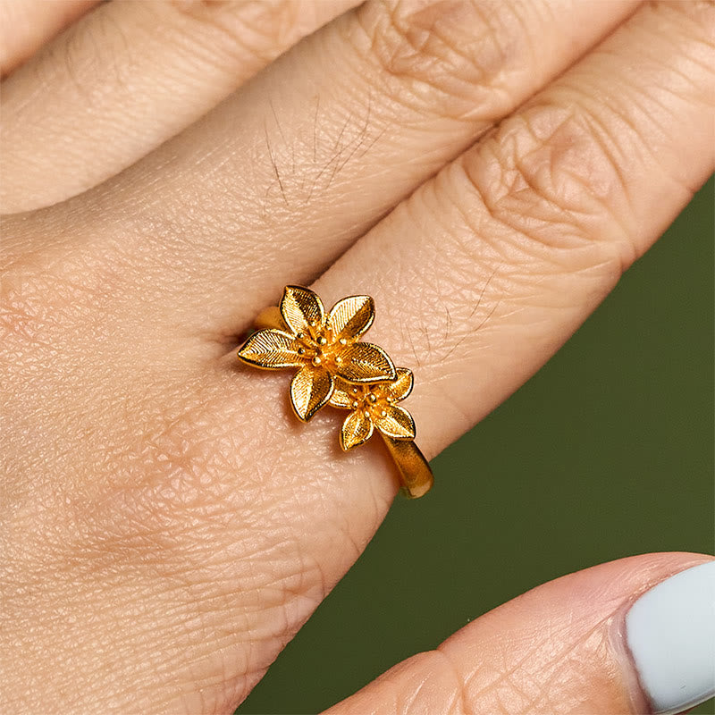 Anillo ajustable de latón y cobre bañado en oro de 24 quilates con flor lila y Buddha Stones - image 9