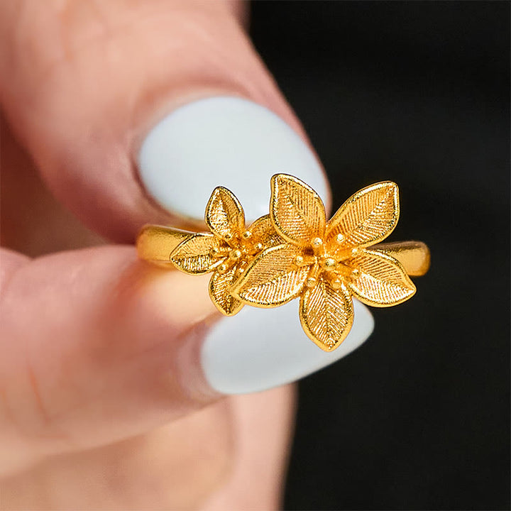Anillo ajustable de latón y cobre bañado en oro de 24 quilates con flor lila y Buddha Stones - image 4
