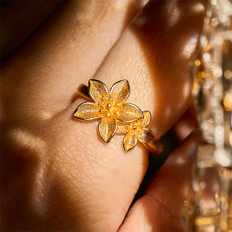 Anillo ajustable de latón y cobre bañado en oro de 24 quilates con flor lila y Buddha Stones - image 8