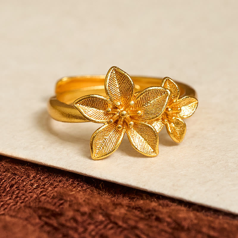 Anillo ajustable de latón y cobre bañado en oro de 24 quilates con flor lila y Buddha Stones - image 1