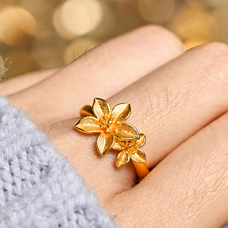 Anillo ajustable de latón y cobre bañado en oro de 24 quilates con flor lila y Buddha Stones - image 7