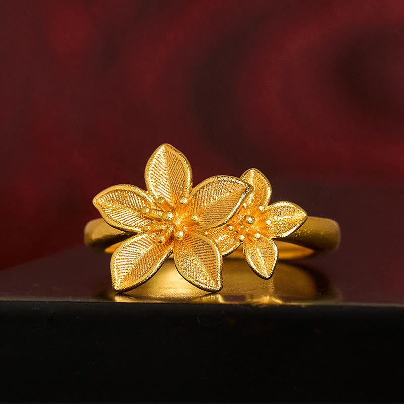 Anillo ajustable de latón y cobre bañado en oro de 24 quilates con flor lila y Buddha Stones - image 2