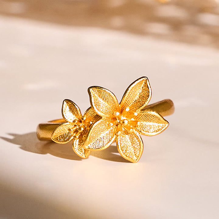 Anillo ajustable de latón y cobre bañado en oro de 24 quilates con flor lila y Buddha Stones - Ajustable - image 0