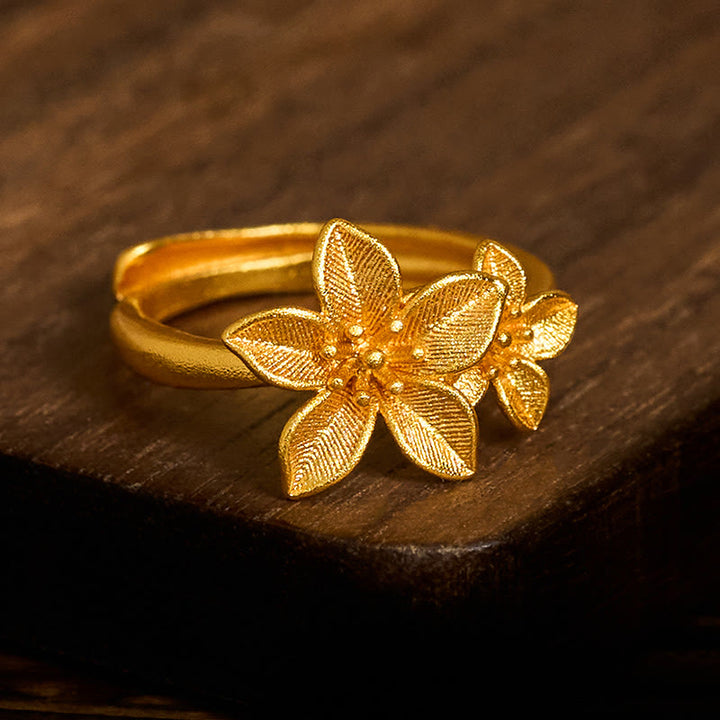 Anillo ajustable de latón y cobre bañado en oro de 24 quilates con flor lila y Buddha Stones - image 3