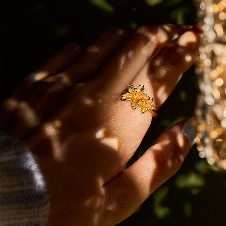 Anillo ajustable de latón y cobre bañado en oro de 24 quilates con flor lila y Buddha Stones - image 11