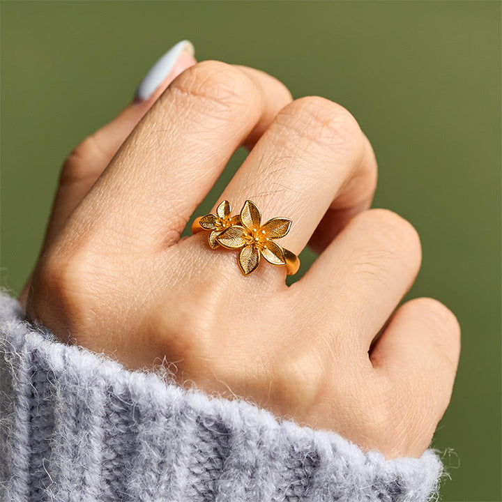 Anillo ajustable de latón y cobre bañado en oro de 24 quilates con flor lila y Buddha Stones - image 10