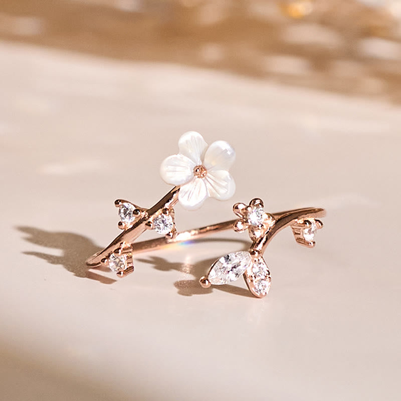 Anillo de bendición ajustable con diseño de flor blanca y Buddha Stones en plata de ley 925 - Oro rosa - image 0