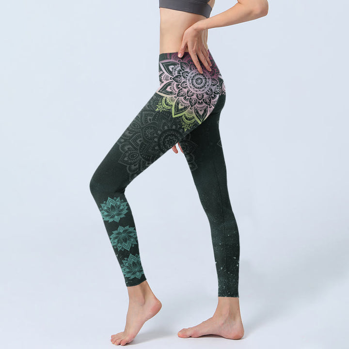 Leggings de yoga para mujer con estampado de mandalas simétricos y flores de loto y piedras de Buddha Stones - image 2