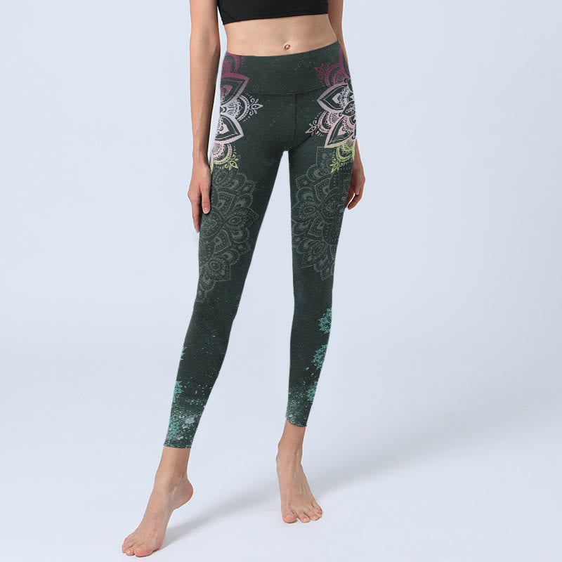 Leggings de yoga para mujer con estampado de mandalas simétricos y flores de loto y piedras de Buddha Stones - image 5
