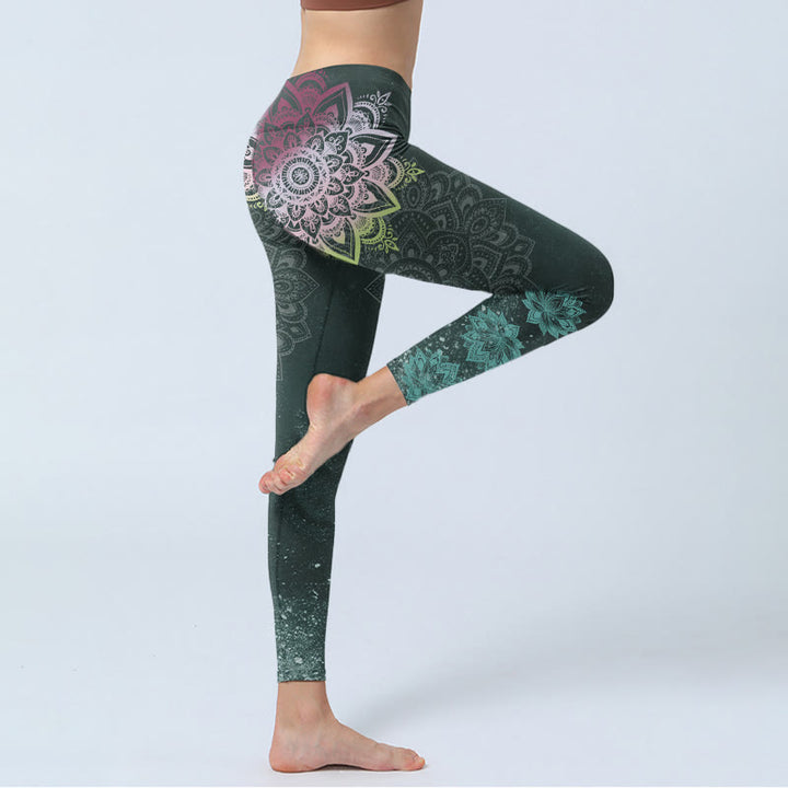Leggings de yoga para mujer con estampado de mandalas simétricos y flores de loto y piedras de Buddha Stones - image 3