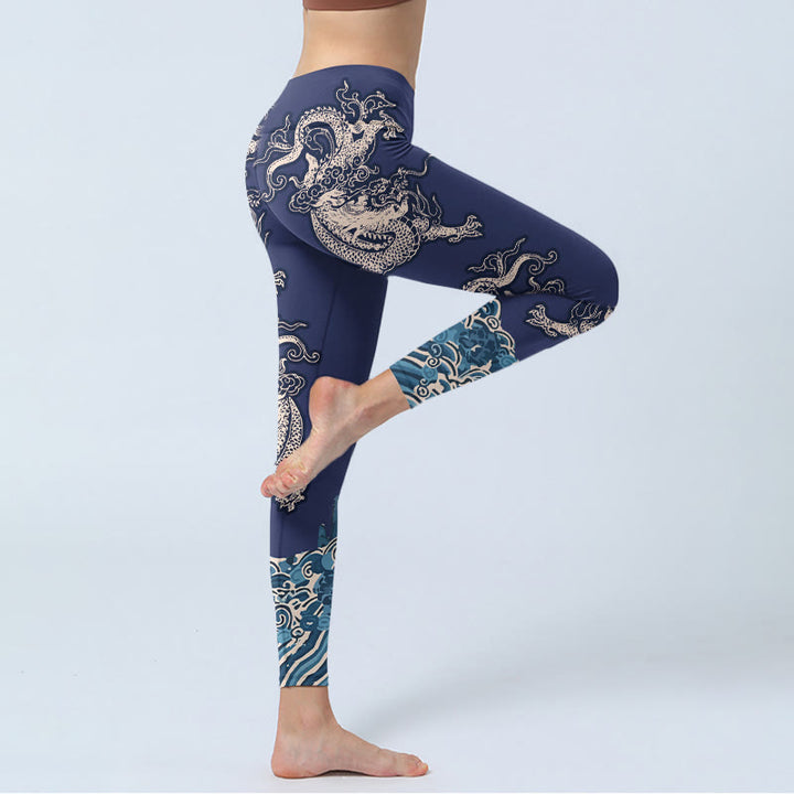 Leggings de yoga para mujer con estampado de ondas de dragón y simetría de Buddha Stones - image 3