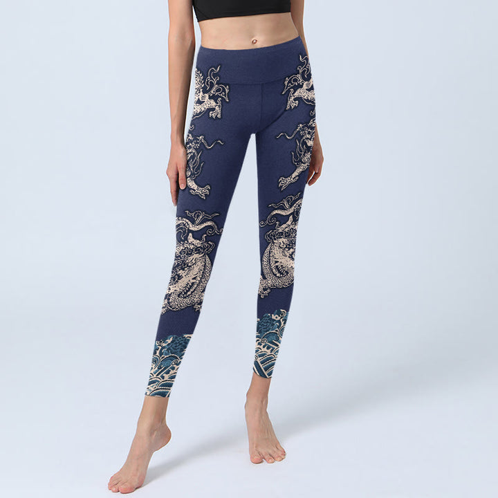 Leggings de yoga para mujer con estampado de ondas de dragón y simetría de Buddha Stones - image 6