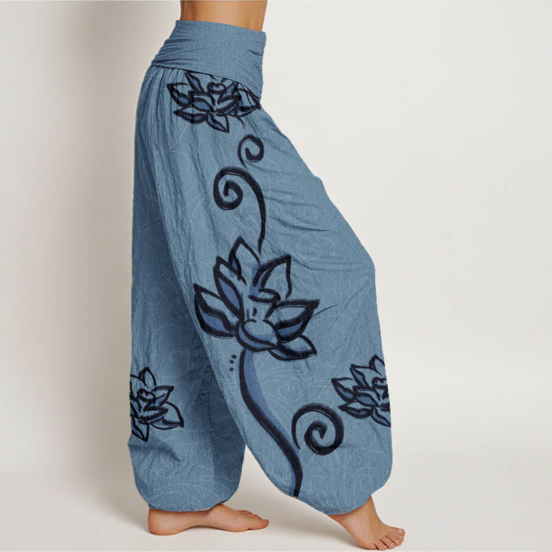 Pantalón tipo harem de cintura elástica para mujer, con diseño informal de nubes auspiciosas y Buddha Stones, de algodón. - image 6
