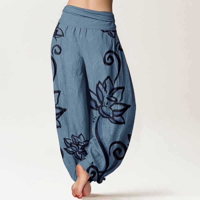 Pantalón tipo harem de cintura elástica para mujer, con diseño informal de nubes auspiciosas y Buddha Stones, de algodón. - image 5