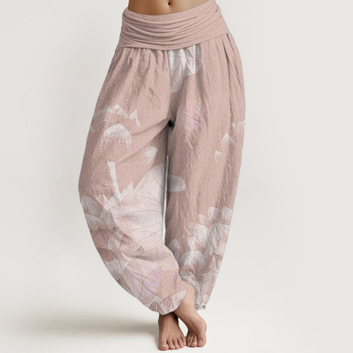 Pantalón tipo harem de cintura elástica para mujer, con estampado de lotos rosas y blancos y Buddha Stones en algodón. - Salmón oscuro - US22，UK/AU26，EU54 (6XL) - image 0