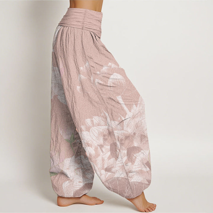 Pantalón tipo harem de cintura elástica para mujer, con estampado de lotos rosas y blancos y Buddha Stones en algodón. - image 2