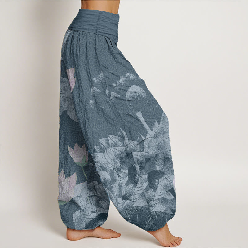 Pantalón tipo harem de cintura elástica para mujer, con estampado de lotos rosas y blancos y Buddha Stones en algodón. - image 6