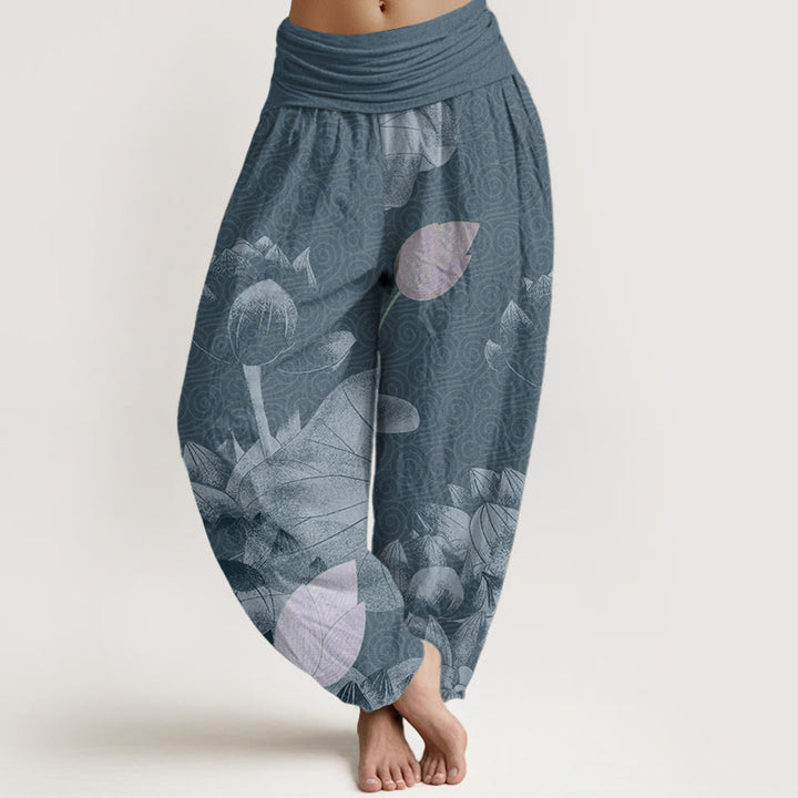 Pantalón tipo harem de cintura elástica para mujer, con estampado de lotos rosas y blancos y Buddha Stones en algodón. - Azul acero - US22，UK/AU26，EU54 (6XL) - image 4