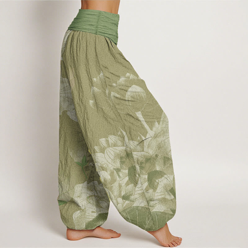 Pantalón tipo harem de cintura elástica para mujer, con estampado de lotos rosas y blancos y Buddha Stones en algodón. - image 9
