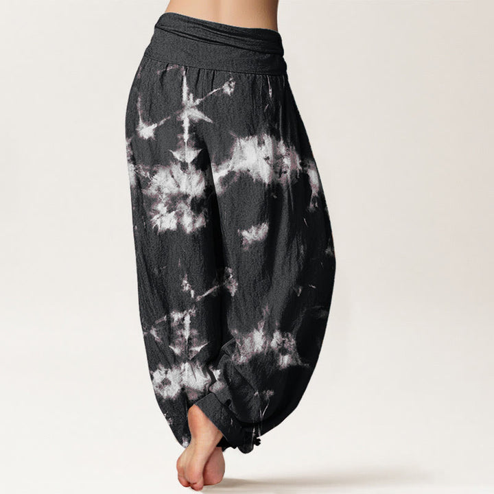 Pantalones bombachos de cintura elástica para mujer con estampado tie-dye de rayas blancas y lunares de algodón con Buddha Stones - image 2