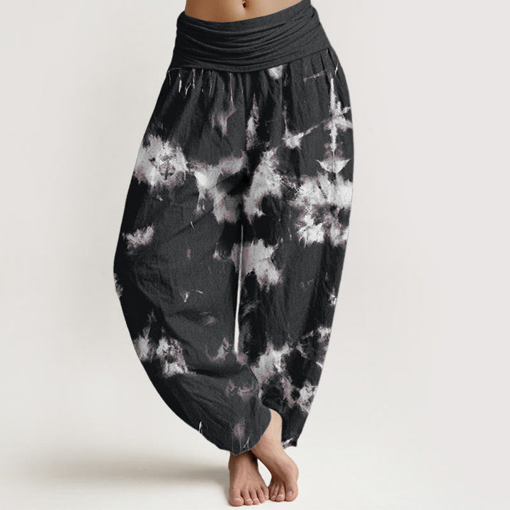 Pantalones bombachos de cintura elástica para mujer con estampado tie-dye de rayas blancas y lunares de algodón con Buddha Stones - Negro - US22，UK/AU26，EU54 (6XL) - image 0