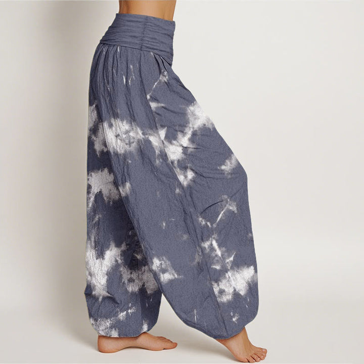Pantalones bombachos de cintura elástica para mujer con estampado tie-dye de rayas blancas y lunares de algodón con Buddha Stones - image 5
