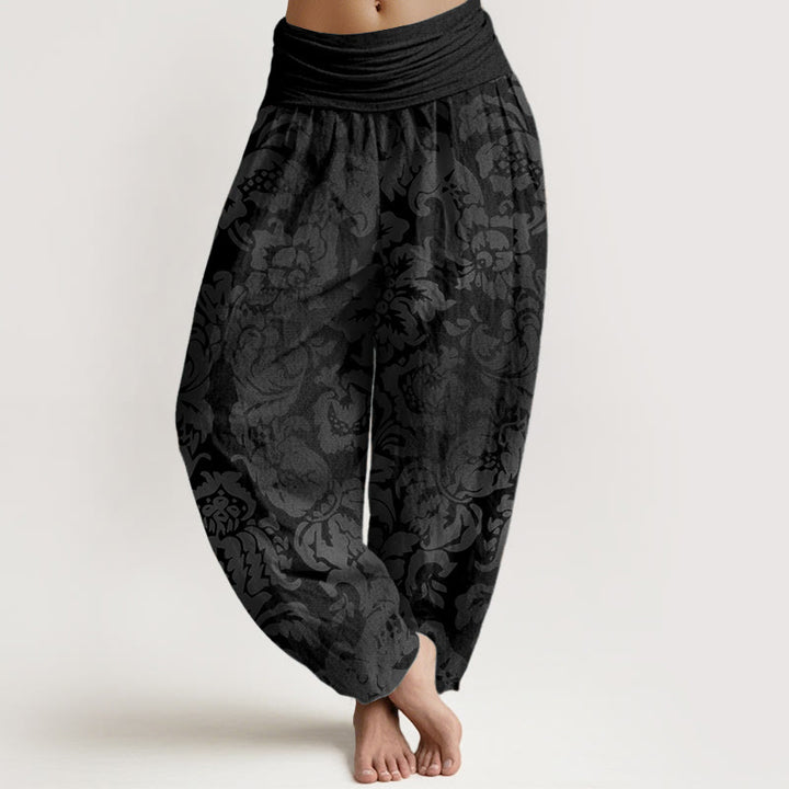 Pantalones bombachos de mujer con cintura elástica, de algodón, estilo casual, con diseño de flores y hojas, estampado de Buddha Stones. - Negro - US22，UK/AU26，EU54 (6XL) - image 4