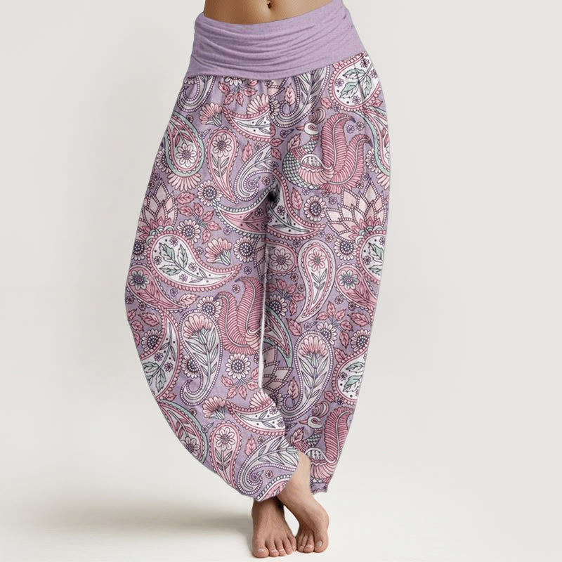 Pantalones bombachos de cintura elástica para mujer con diseño de flores de anacardo, pavo real y girasol, estampado de Buddha Stones. - Ciruela - US22，UK/AU26，EU54 (6XL) - image 0